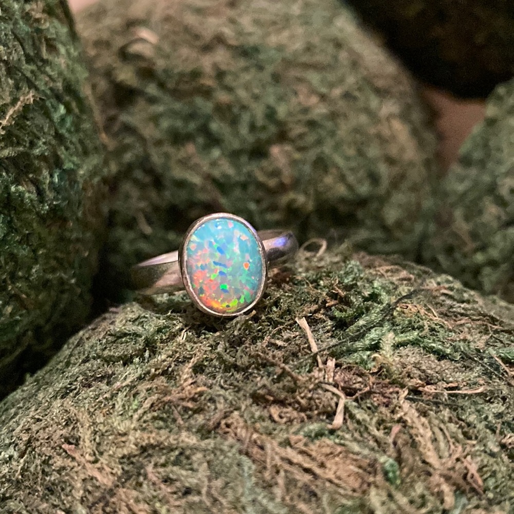 Sparkly blue/green opal sterling silver ring. Size 7.5